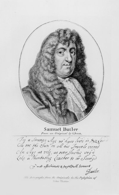 Porträt von Samuel Butler (1612-80) mit einer Probe seiner Handschrift von Gerard Soest